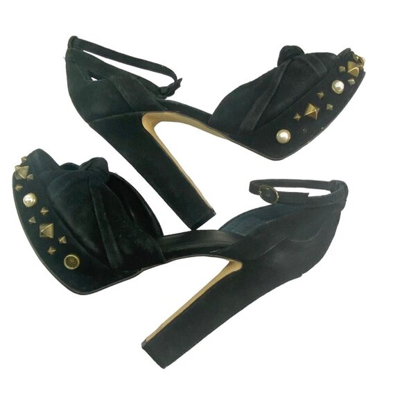 GUESS Women Heels Size 7 Black Kenzie High Block Suede Elegant Buckle Party - Picture 5 of 10